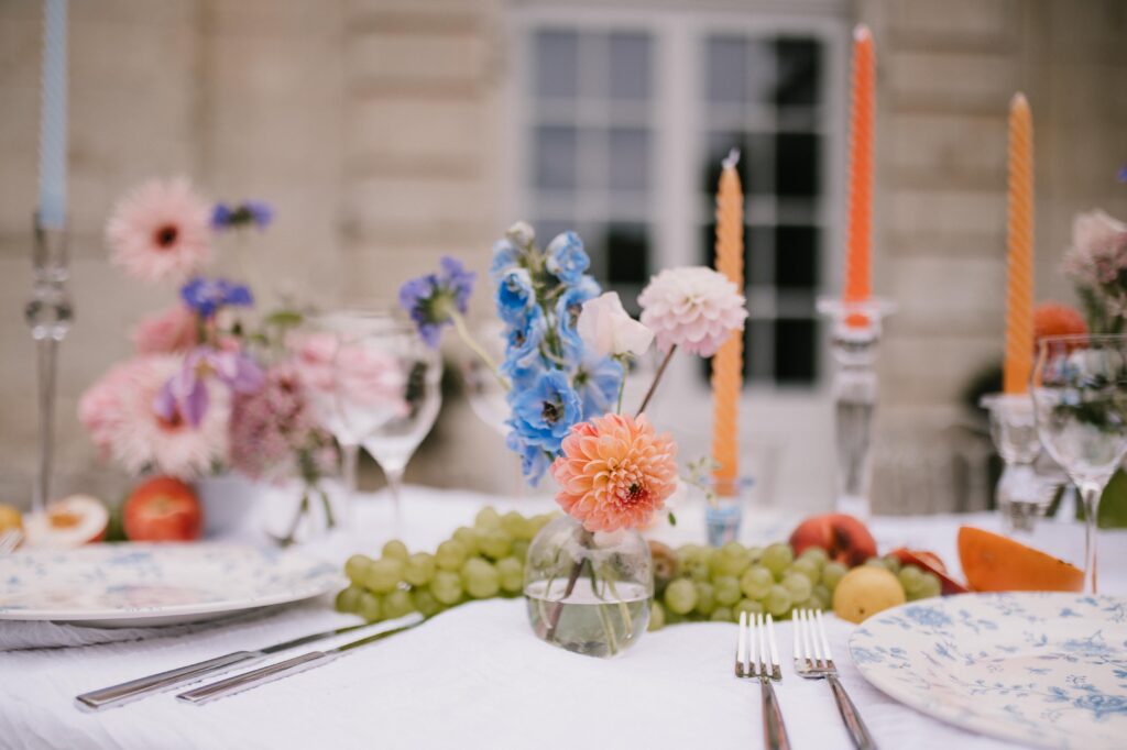 Flowers and tablescape for a french chateau wedding reception. 