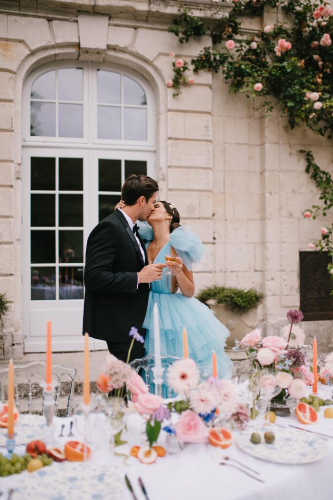 Bride and Groom at their reception after their ceremony at their french chateau wedding. 