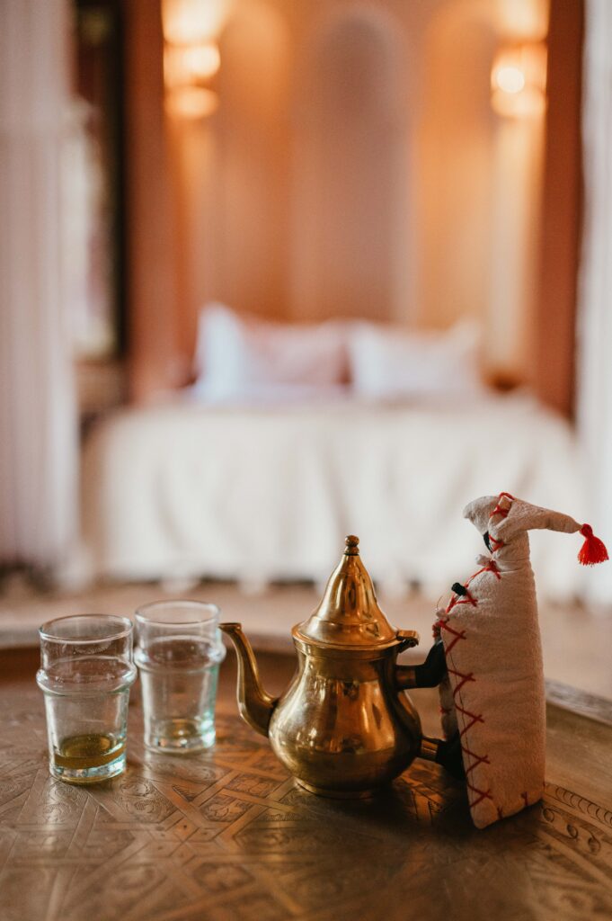 Close up of tea pot in room of Riad Yasmine Marrakech Morocco.