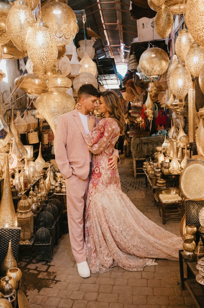 Lisa and Paul in lamp shop in Jemaa el-Fnaa Marrakech Medina.