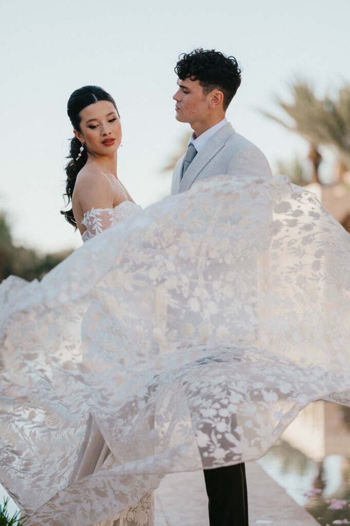 Close up of rue de seine gown trail. 