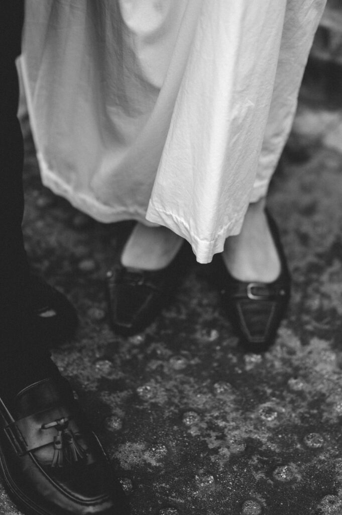 Close up of bride's loafers by Duke Dexter.