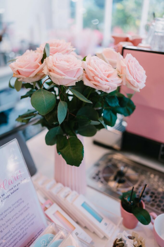 Close up of pink roses at Peggy Porschen Café. 